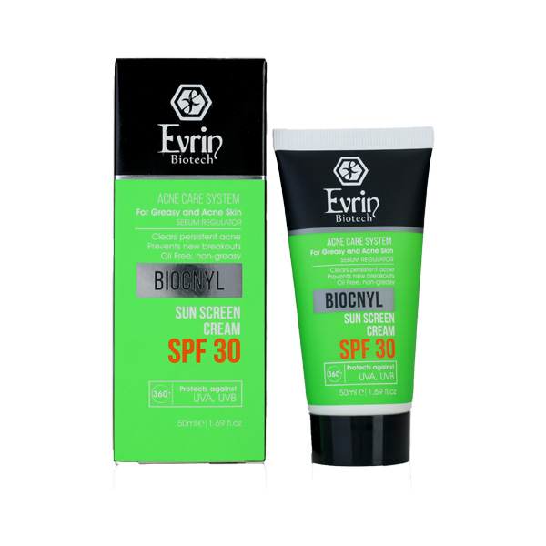 Evrin biotech acne cream system for greasy and acne skine Biocnyl sun screen cream spf 30